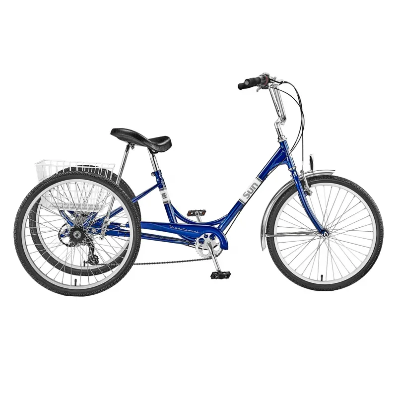 Sun Bicycles Traditional 24 7 Speed Tricycle w/White Basket in Blue